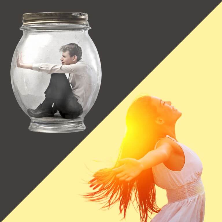 Unlock Unlimited Motivation. Image with a trapped man and free woman