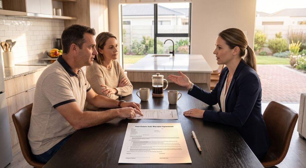 Top real estate agents in Brackenfell. Homeowners reviewing a mandate agreement with a real estate agent in Brackenfell.