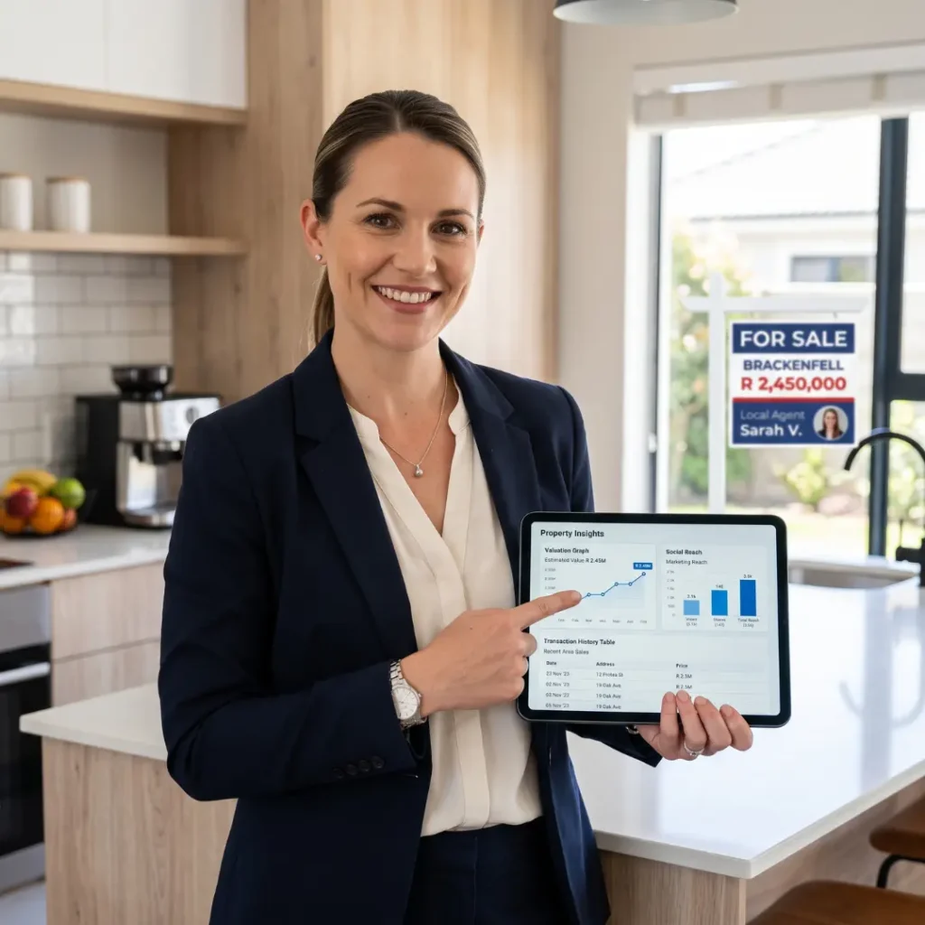 Top real estate agents in Brackenfell. Real estate agent presenting data on a tablet, illustrating how to identify top agents in Brackenfell for 2026