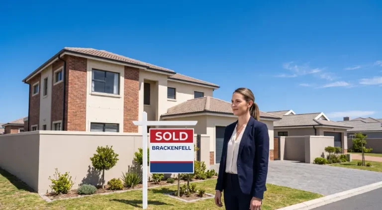 Top real estate agents in Brackenfell. Real estate agent standing beside a Sold board in Brackenfell, representing top-performing agents in the Northern Suburbs for 2026.