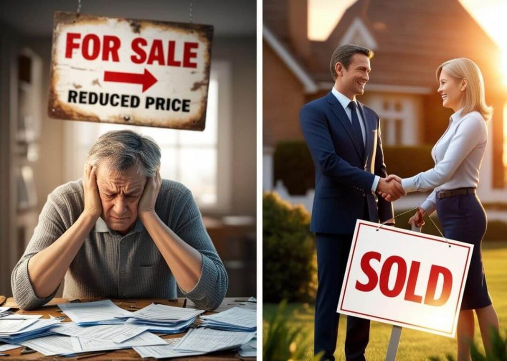 Discounted Estate Agent Commission Brackenfell. Frustrated homeowner vs confident agent and happy seller in Brackenfell