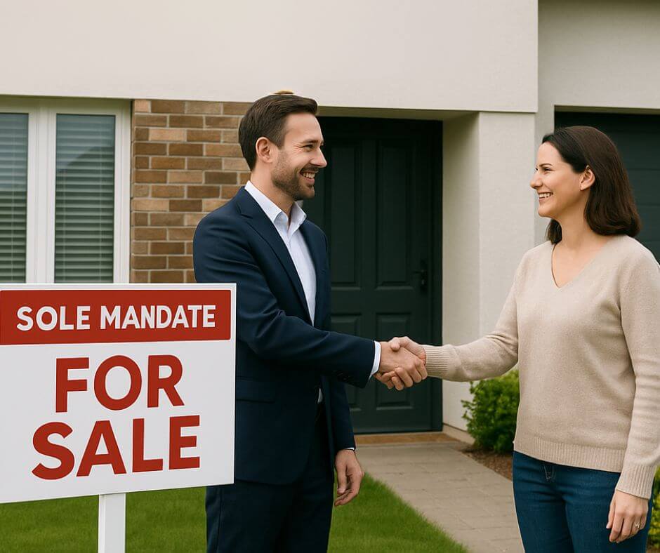 Sole Mandate in Brackenfell. A confident, Professional estate agent shaking hands with a happy homeowner