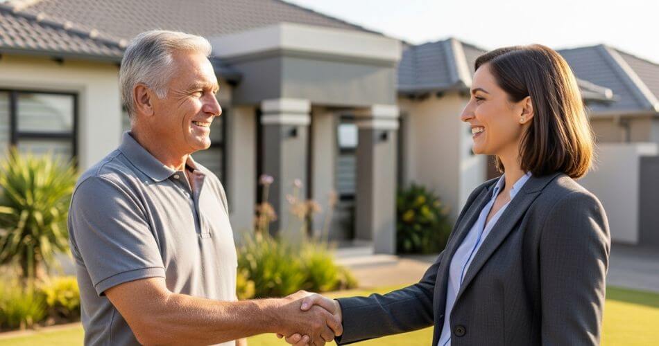 Common mistakes when selling your home. A confident older homeowner shaking hands with a trustworthy-looking estate agent outside a home.