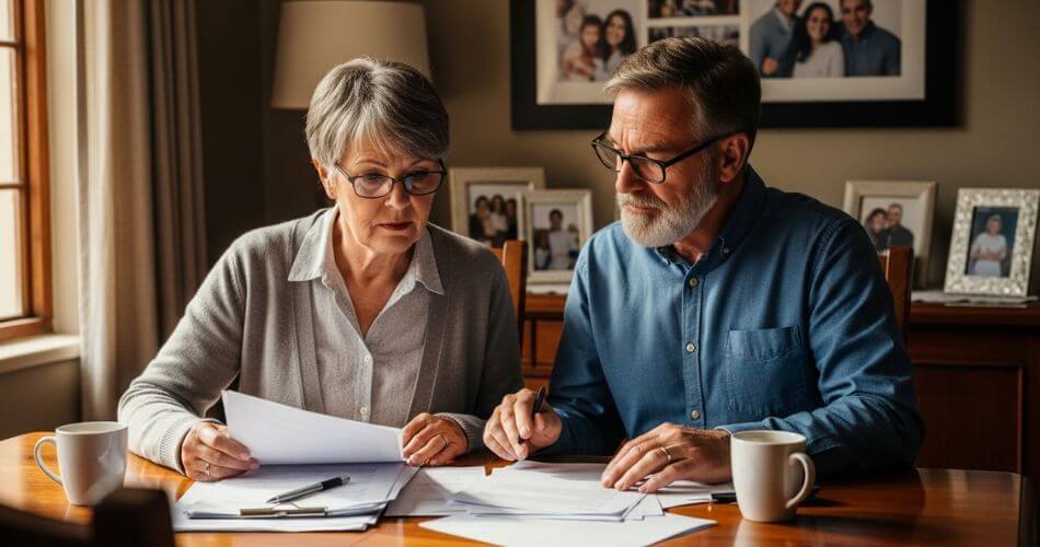 Common mistakes when selling your home. A senior South African couple in their 60s sitting at a dining room table, looking at property documents