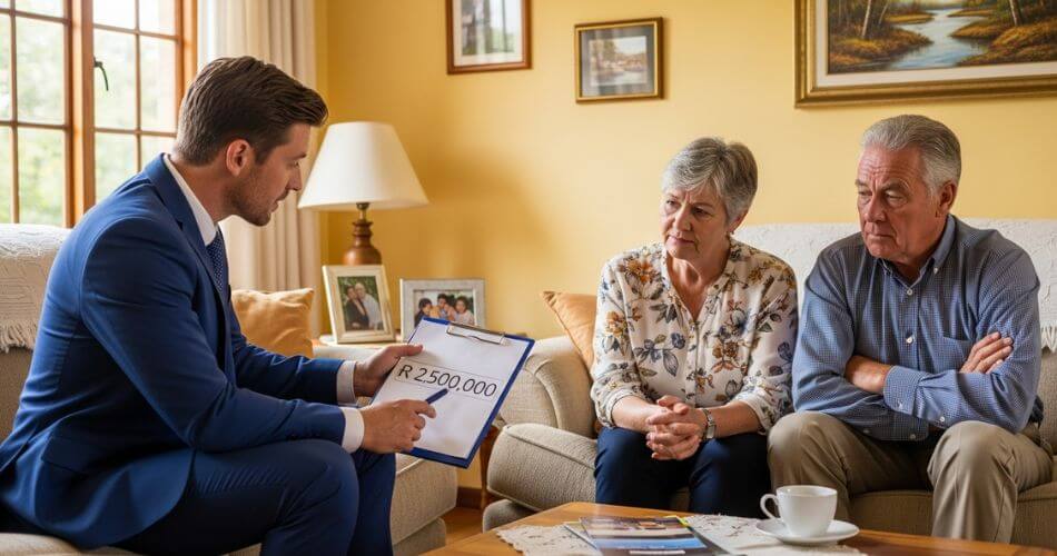 Common mistakes when selling your home. An estate agent in professional attire sitting with an older couple, gesturing confidently at inflated numbers on a clipboard