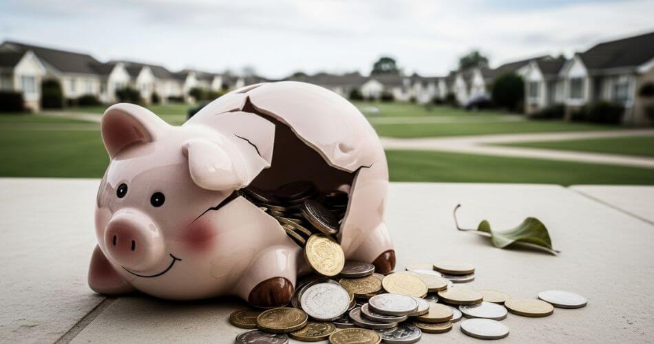 Life Rights vs Sectional Title. A cracked piggy bank with coins spilling out, placed in front of a retirement village backdrop.