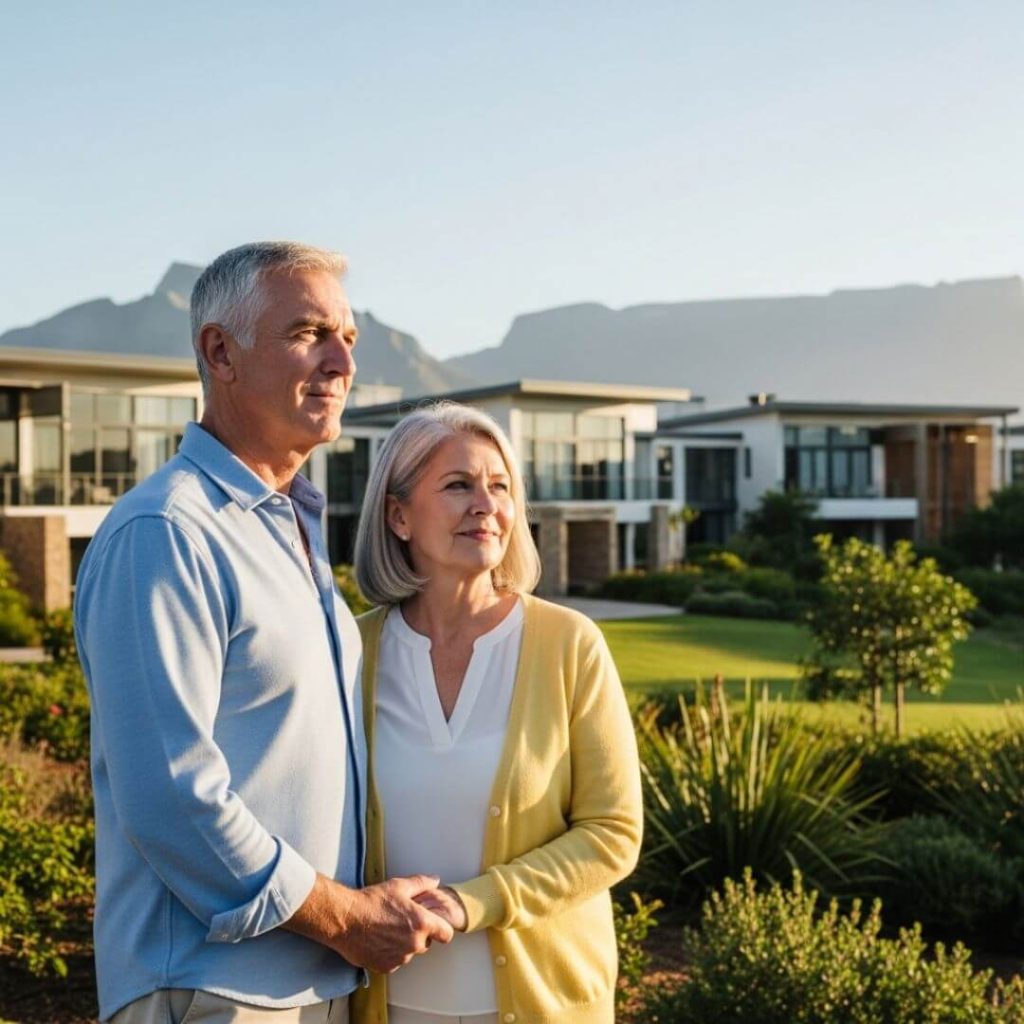 Life Rights vs Sectional Title. A senior couple in Cape Town’s Northern Suburbs, standing in front of a modern retirement village