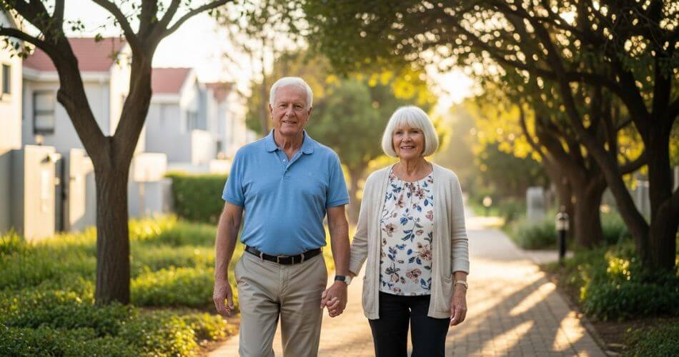 Life Rights vs Sectional Title. A senior couple walking hand-in-hand along a leafy suburban pathway in the Northern Suburbs of Cape Town.