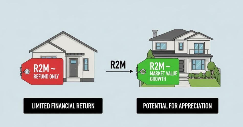 Life Rights vs Sectional Title. Comparison chart style illustration showing two houses side by side.
