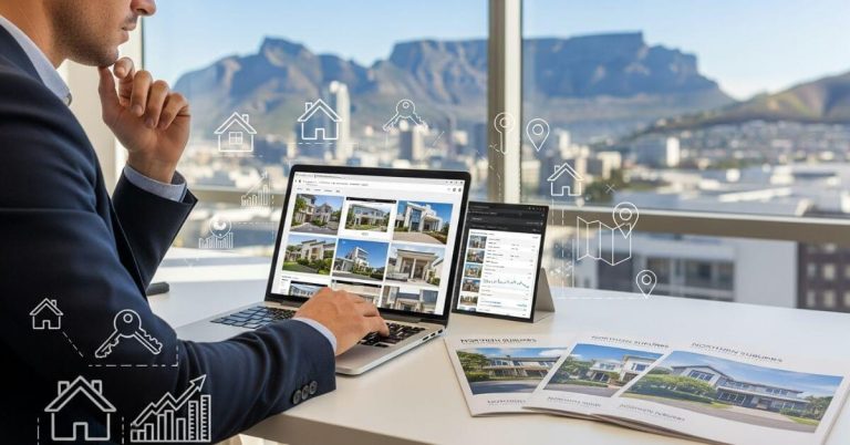 Northern Suburbs real estate marketing. A real estate agent in Cape Town reviewing marketing strategies on a laptop