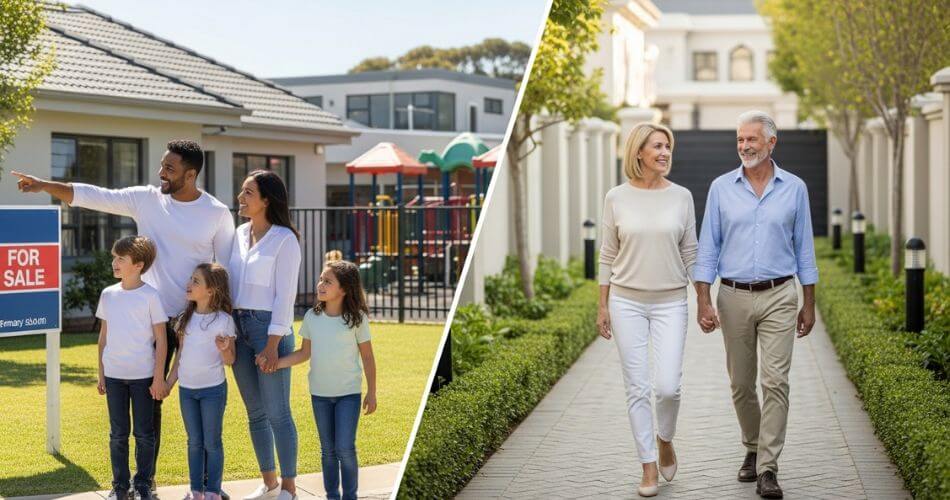 Northern Suburbs real estate marketing. Split image visually highlight the “two-speed” market.