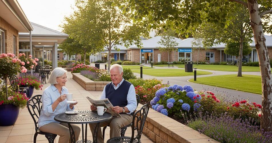 Northern Suburbs real estate marketing. An older couple enjoying coffee on the patio of a secure retirement estate