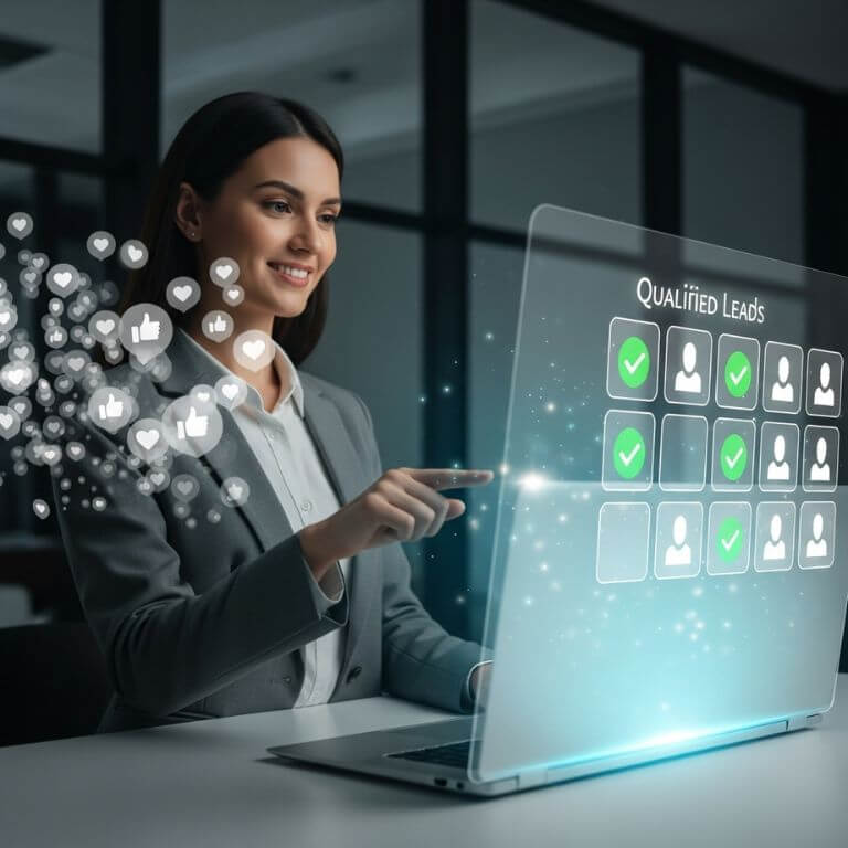 AI lead Generation For Real Estate. A confident real estate agent in front of a laptop screen filled with graphs and leads