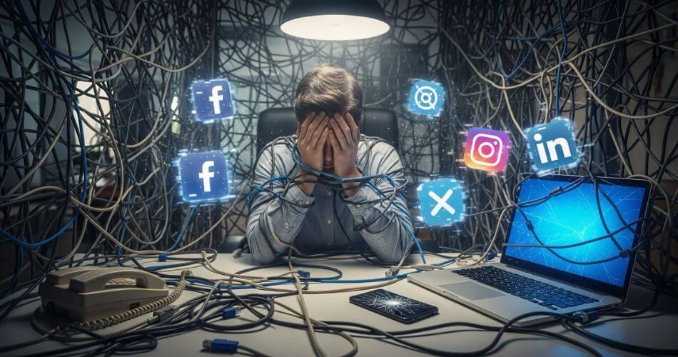 AI lead Generation For Real Estate. A real estate agent is sitting at their desk, looking completely overwhelmed and trapped.