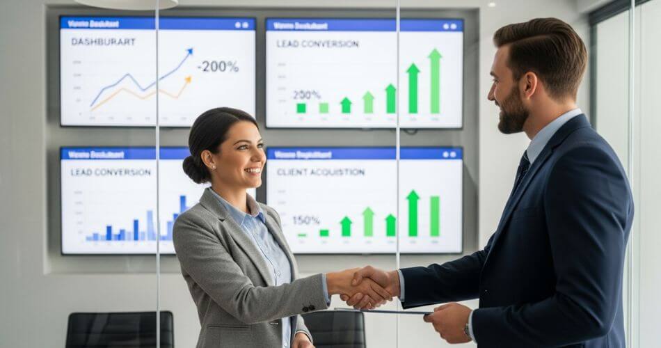 AI lead Generation For Real Estate. A real estate agent shaking hands with a professional marketing consultant.