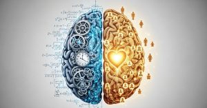 Emotional intelligence in leadership. Brain illustration comparing intellect versus emotional intelligence in leadership.
