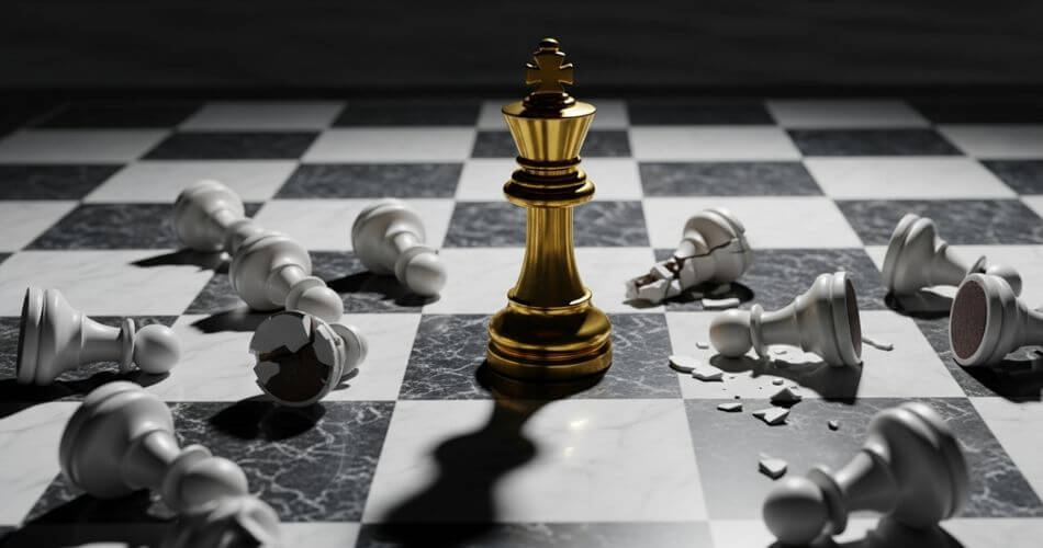 Emotional intelligence in leadership. Chessboard showing signs of a bad leader with toppled team pieces.