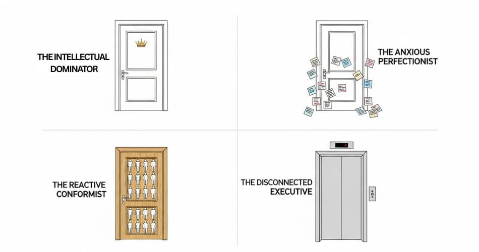 Emotional intelligence in leadership. Four leadership mindset traps with icons showing cognitive biases in business