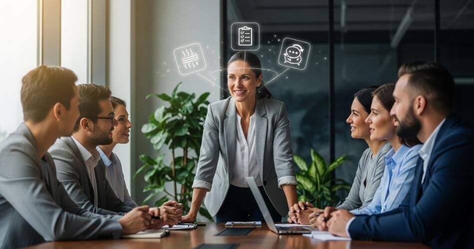 Emotional intelligence in leadership. Leader guiding a team with icons for breathing, reflection, and feedback showing how to improve self-awareness in leadership.