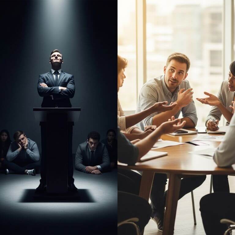 Emotional intelligence in leadership. Leader with team showing contrast between arrogant leadership and emotional intelligence in leadership