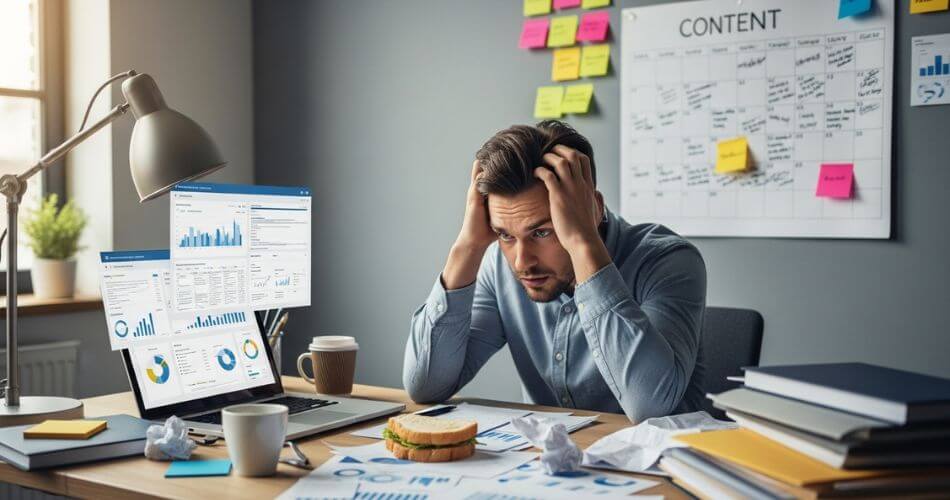 Social Media for Real Estate Agents. Agent at a cluttered desk surrounded by sticky notes and a messy content calendar, looking frustrated.