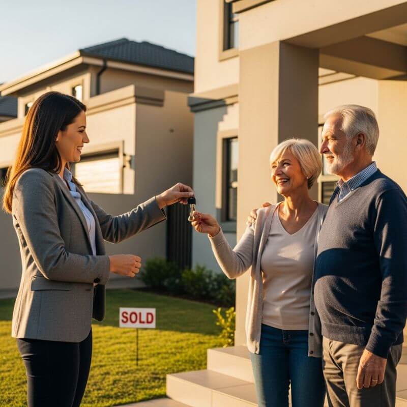 Social Media for Real Estate Agents. Agent handing keys to a smiling older couple on the steps of a suburban home at golden hour.