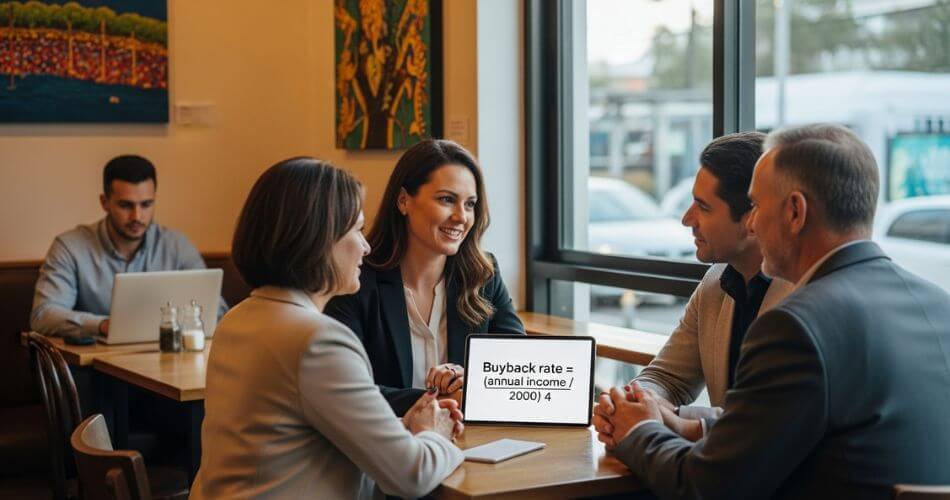 Social Media for Real Estate Agents. Agent with clients at a table while a support specialist works on a laptop; tablet shows a buyback rate calculation.