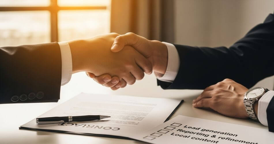 Social Media for Real Estate Agents. Handshake over a contract and checklist listing lead generation, reporting, and local content.