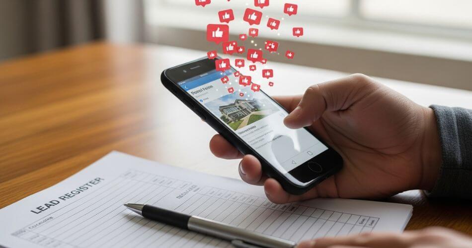 Social Media for Real Estate Agents. Smartphone showing a popular property post with many likes while a paper lead register below the phone has no entries