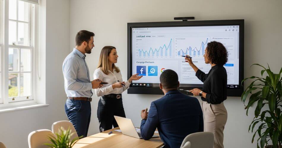 Social Media for Real Estate Agents. Team reviewing campaign dashboards and rising lead charts on a large screen during a strategy meeting.