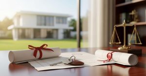 The South African divorce law changes and property. Property deeds and house keys on legal desk in South Africa.