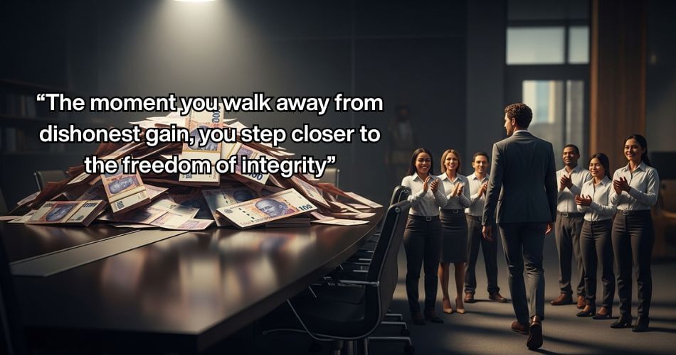 how to run a business according to the bible. A businessperson walking away from a pile of money on the table choosing people over short-term profit