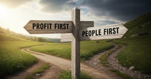 how to run a business according to the bible. A crossroads signpost, with one arrow labeled “Profit First” and the other “People First.”