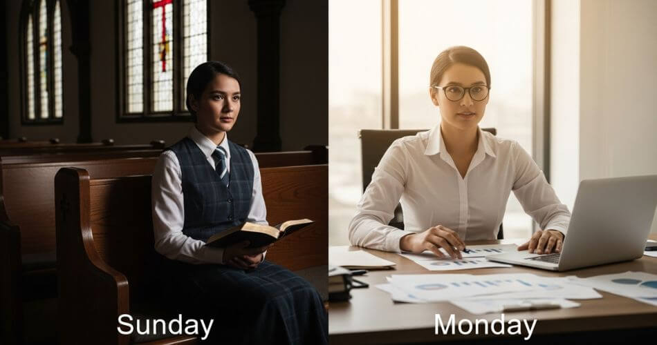 how to run a business according to the bible. A very clear visual metaphor for the Sunday-Monday divide.