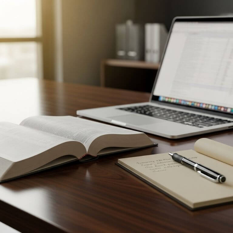 how to run a business according to the bible. An open Bible on a business desk, with a laptop, pen, and notepad beside it.