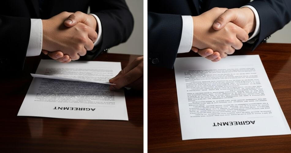 how to run a business according to the bible. Idea - A handshake in front of a contract—one version with small print being hidden, another with everything clear and above board.