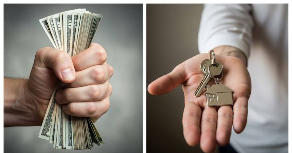 how to run a business according to the bible. Two contrasting hands - one clutching a pile of cash tightly, the other holding an open hand offering house keys.