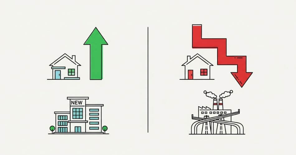 Increase property value in Cape Town Northern Suburbs. A graphic illustrating the positive and negative effects of new neighbourhood developments on home prices