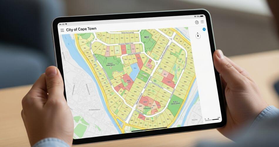 Increase property value in Cape Town Northern Suburbs. A homeowner researching local development plans on a tablet using the City of Cape Town's online zoning map