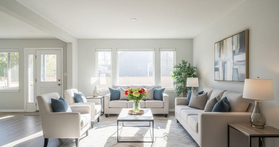 Preparing your home for sale in Brackenfell. Staged living room with neutral colours and natural light prepared for home sale.