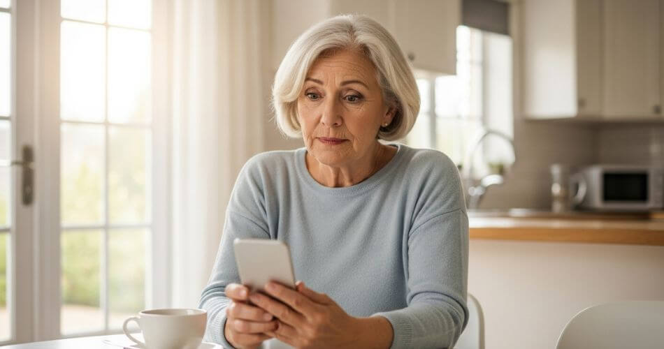 Property Scams Targeting Seniors in South Africa. A mature South African woman sitting at her kitchen table with a smartphone in her hand