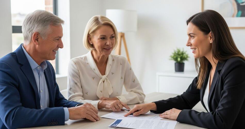 Property Scams Targeting Seniors in South Africa. Senior couple receiving trusted advice from their estate agent in a professional meeting.