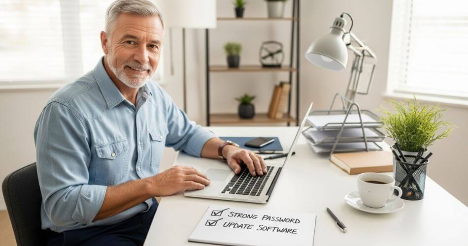 Property Scams Targeting Seniors in South Africa. Senior man feeling secure with his online safety checklist for fraud prevention.
