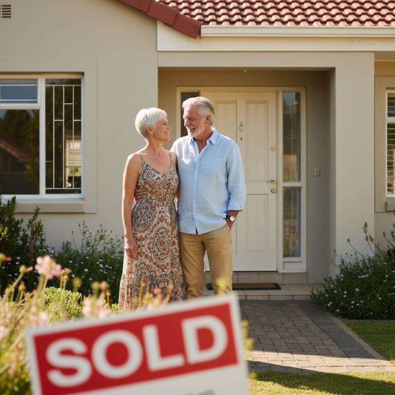 Safe home selling guide for seniors. A confident senior couple smiling in front of their sold Brackenfell home