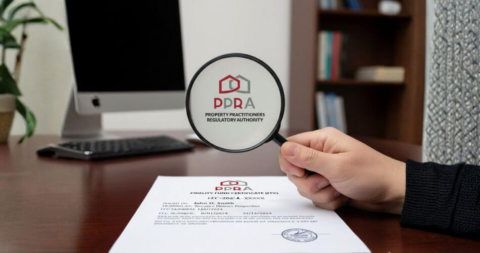 Safe home selling guide for seniors. A hand holding a magnifying glass to inspect a Fidelity Fund Certificate (FFC), showing how to securely vet an estate agent.