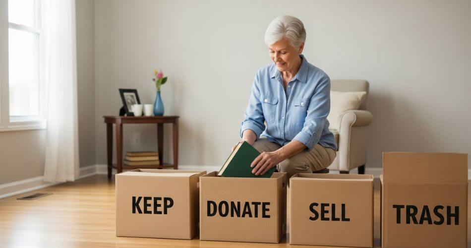 Safe home selling guide for seniors. A senior homeowner using the 'Four-Box Method' to sort belongings, demonstrating practical downsizing tips.
