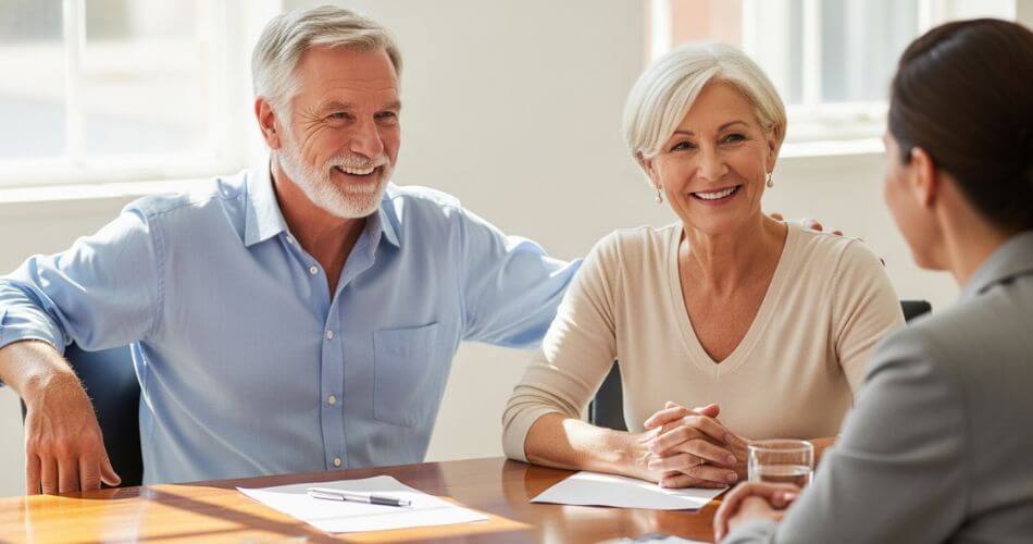 Safe home selling guide for seniors. An empowered senior couple smiling confidently in a meeting, using their market knowledge to negotiate their home sale.