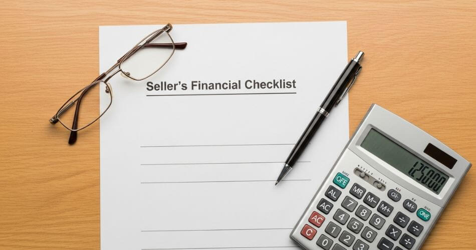 Safe home selling guide for seniors. An organized desk with a legal checklist, glasses, and calculator, representing the financial steps for selling a home.