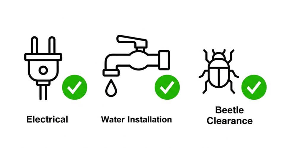 Safe home selling guide for seniors. Graphic icons for Electrical, Water, and Beetle compliance certificates required for Cape Town property sales.