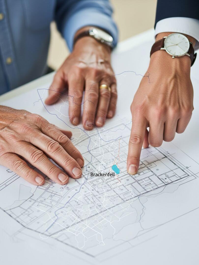 Brackenfell real estate expert. Hands collaborating on a property blueprint, symbolizing strategic real estate partnership.